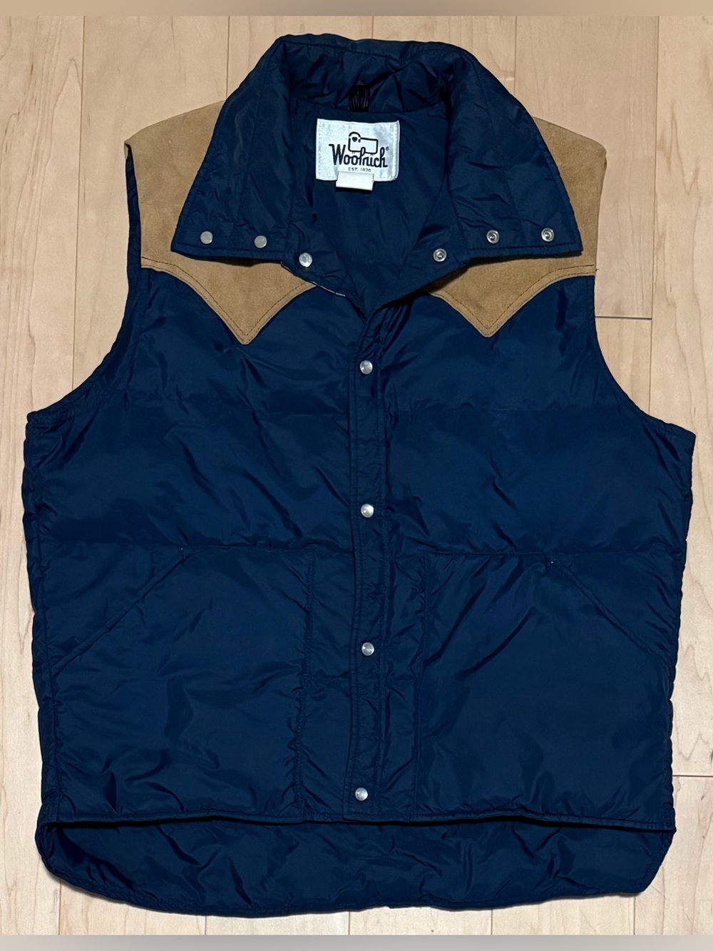 VTG Woolrich Western Suede Leather Yoke Pearl Snap Down Puffer Vest Blue Men’s L